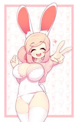 1girls animal_ears blush breasts bunny_ears bunny_tail cleavage closed_eyes clothing eyebrows_visible_through_hair female female_only fiz fizintine large_breasts legwear original panties pink_hair solo standing tagme tail thighhighs v white_legwear white_panties