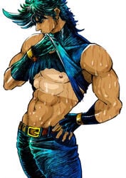 1boy abs artist_request battle_tendency belt bracelets closed_eyes jeans jojo's_bizarre_adventure joseph_joestar low_cut_pants lowrise_jeans male_only muscular muscular_male nipples pinup safe simple_background solo_male sweat sweatdrop tan tanline unknown_artist white_background