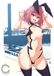 1boy 2021 areola areola_slip astolfo_(fate) bare_shoulders belly black_legwear black_thong bulge bunny_ears cilica collarbone eyebrows_visible_through_hair eyelashes fate/grand_order fate_(series) femboy girly male male_focus male_only navel nipples oerba_yun_fang open_mouth penis_in_thong pink_hair purple_eyes shuten_douji_(fate)_(cosplay) solo solo_focus standing stomach thighhighs thighs thong trap