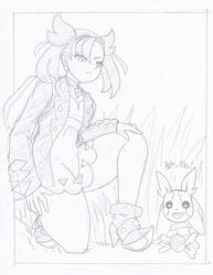 1girls comic female female_focus female_only garland33 human marcormen marnie_(pokemon) monochrome morpeko nintendo pokemon pokemon_ss thighs