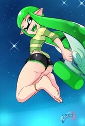 anklet ass barefoot feet green_eyes green_hair inkling inkling_girl short_shorts splatcum splatoon splatoon_2 splattershot