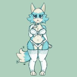 2021 animal_crossing anthro big_breasts blue_fur blush breasts cleavage female female_focus female_only furry gammainks innocent lingerie looking_at_viewer nintendo skye_(animal_crossing) thick_thighs thighs wolf