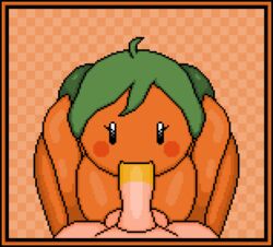 animated anthro blowjob fellatio food_creature fruit fruit_humanoid gif green_hair oral orange orange_background orange_body orange_skin orangejuicemann pixel_art poppy_(orangejuicemann) tagme