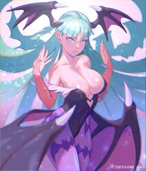 1girls bangs bat_print big_breasts blunt_bangs breasts capcom cleavage clothing darkstalkers demon_wings elbow_gloves female female_only green_eyes green_hair head_wings hi_res hips large_breasts leotard long_hair looking_at_viewer morrigan_aensland pantyhose pose purple_pantyhose shiny solo solo_female succubus thick thick_thighs thighs wide_hips wings yonezawa_mao