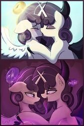 absurd_res angel blush bodily_fluids charm_(czu) comic cum czu demon dialogue equid equine genital_fluids hair halo hasbro hi_res horn hybrid mammal my_little_pony purple_hair selfcest square_crossover tongue tongue_out unicorn