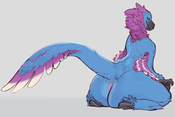 anthro anus ass big_butt blue_body blue_eyes blue_feathers claws dinosaur dromaeosaurid feathered_dinosaur feathers girly kneeling looking_back male raptoral reptile scalie smile solo theropod