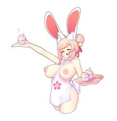 animal_ears apron between_breasts breasts bunny_ears bunny_tail double_bun fiz fizintine hair_bun hair_ornament large_breasts naked_apron nipples original pink_hair standing tagme tail thighs