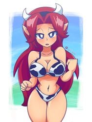 belly_button bikini blue_eyes breasts cleavage cow_girl cow_horns cow_print cremia horns large_breasts long_ears long_hair looking_at_viewer majora's_mask malon ocarina_of_time pointy_ears red_hair tagme the_legend_of_zelda thick_thighs thighs zaruno