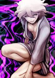 ambiguous_gender barefoot clothing collarbone colored colored_background covering_crotch danganronpa danganronpa_2:_goodbye_despair drooling gown green_eyes hospital_gown legs legs_apart long_sleeves looking_at_viewer male male_focus male_only nagito_komaeda nipples open_mouth saliva short_hair sick sitting solo straight_hair sweatdrop thigh_gap thighs white_hair としろあきら