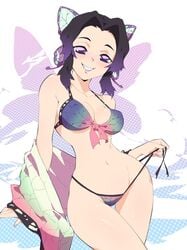 aetherion_art bikini black_hair butterfly_hair_ornament demon_slayer female female_only haori kimetsu_no_yaiba kochou_shinobu multicolored_hair navel pulling_swimsuit purple_eyes purple_hair smile solo swimsuit thighs two_tone_hair undressing