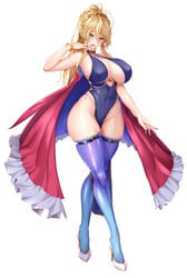 2020 adapted_costume alternate_costume artoria_pendragon artoria_pendragon_(lancer) bare_shoulders belly big_breasts blonde_hair blue_clothes blue_clothing blue_legwear blue_socks braid breasts brown_collar capelet cloak collar covered_navel covered_nipples eyebrows eyelashes fate/grand_order fate_(series) female female_focus female_only frills full_body gradient_legwear gradient_socks green_eyes high_heels legwear looking_at_viewer navel nipple_bulge nipples_visible_through_clothing open_mouth purple_socks sakuraoo simple_background socks solo solo_female solo_focus stomach thick_thighs thigh_socks thighhighs thighs white_background white_high_heels