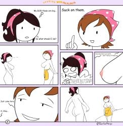 2020 2girls apron bandana casual casual_nudity clothing comic comic_page cookie cookies cooking_mama dialogue english_text facing_each_other female female_only headwear human jaiden jaiden_animations jojo_reference kitchen mama_(cooking_mama) mama_(cooking_mama)_(cosplay) meme mob_face multiple_girls naked_apron nintendo nipples nude_female oh?_you're_approaching_me? oh_you're_approaching_me outerwear page_5 page_number pale_skin shocked shocked_expression signature speech_bubble text theeshrimp thought_bubble waist_apron youtube