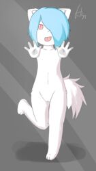 absurd_res anthro barefoot blue_hair domestic_cat feet felid feline felis female flat_chested fur genitals hair hi_res kemono mammal nipples nude on_glass pussy ranlunghsu red_eyes solo tongue tongue_out white_body white_fur young