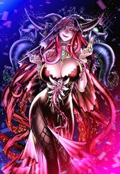 1girls chiba_toshirou cleavage demon demon_girl demon_horns female female_only green_eyes horns jewelry licking_lips long_hair makeup mimika_(vtuber) narrowed_eyes octopus_tentacle pantyhose purple_lipstick red_hair solo solo_female tentacle