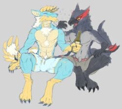 1oi 2boys anthro beverage blush bulge capcom clothed clothing conditional_dnp drunk duo fanged_wyvern flying_wyvern fur furry genital_outline hair hi_res horn male male_only mammal monster_hunter nargacuga open_mouth penis_outline sitting sketch substance_intoxication tipsy video_games zinogre