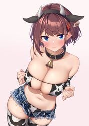 animal_ears baffu blue_eyes blush bra brown_hair collar cow_bikini cow_ears cow_horns cow_print cow_print_thighhighs cowbell eyepatch_bikini female hair_ornament highres hitoyo_(baffu) navel original original_character panties short_jeans