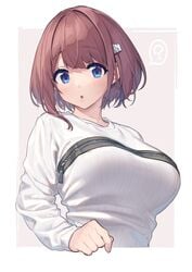 baffu big_breasts blue_eyes brown_hair female hair_ornament highres hitoyo_(baffu) looking_at_viewer original original_character question_mark short_hair simple_background sweater zipper