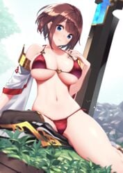 baffu big_breasts bikini blue_eyes brown_hair cleavage female grass highres hitoyo_(baffu) large_breasts navel original original_character panties smile swimsuit sword thighhighs