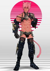 armor blue_eyes bulge cat_ears cat_tail catboy final_fantasy final_fantasy_xiv male male_only maorenc miqo'te nipples pink_hair ruk'a_drasil_(final_fantasy_xiv) skimpy_armor skimpy_clothes solo standing