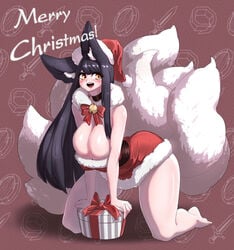 1girls ahri big_breasts black_hair breasts christmas cleavage fox fox_ears fox_tail huge_breasts league_of_legends light-skinned_female light_skin orange_eyes riot_games solo solo_female tagme thick_thighs yabby