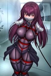 animated armor bondage collar fate/grand_order fate_(series) female gag gagged leash looking_at_viewer nipples plusout pokies purple_hair red_eyes scathach_(fate) see_through shoulder_plates solo tape thighhigh video