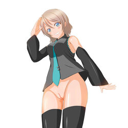 bare_hips bare_shoulders black_legwear blue_eyes blush bottomless breasts chaser99 cleft_of_venus cosplay detached_sleeves female from_below grey_hair grin hatsune_miku_(cosplay) highres light_brown_hair love_live! love_live!_sunshine!! medium_breasts medium_hair necktie pussy simple_background smile uncensored vocaloid watanabe_you