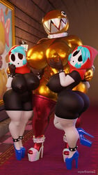 3d 3girls anthro blender chain_chomp fat_ass gold_(metal) gold_chain_chomp grabbing_breasts high_heels huge_ass huge_breasts mario_(series) masked nintendo pinup shy_gal size_difference spiked_collar stockings super_mario_bros. wyerframez