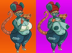 alternate_version_available anthro areolae belly big_belly big_breasts big_nipples blonde_hair breasts breasts_out buckteeth chubby chubby_anthro chubby_female cleavage clothed clothed_female clothes clothing clothing_lift female female_focus female_only food furry gnausea green_fur hot_dog jeans large_areolae long_tail nipples original original_character overweight overweight_anthro overweight_female rat rat_tail ripped_clothing ripped_jeans ripped_pants rodent rodent_humanoid rodent_tail rodent_teeth sausage shirt_lift shirt_pull shirt_up smile smiling stomach tail tank_top tank_top_lift thick_thighs thighs