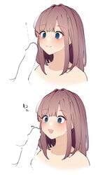 :3 brown_hair cum ejaculation erection eyebrows_visible_through_hair female green_eyes highres looking_at_penis medium_hair nijisanji open_mouth penis penis_awe premature_ejaculation putama simple_background suzuhara_lulu twitching_penis virtual_youtuber