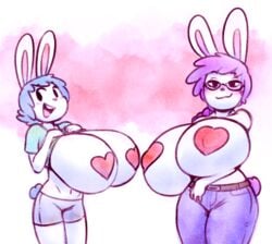 angstrom bunny_ears flashing heart_pasties hyper hyper_breasts incest lagomorph lagomorph_humanoid looking_at_viewer marie_(angstrom) molly_(angstrom) mother_and_daughter multiple_girls nipple_pasties nipples pasties small_ass top_heavy white_fur