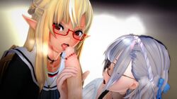 1boy 2girls big_penis blonde_hair glasses grabbing_penis gray_hair green_eyes hololive hololive_fantasy hololive_japan koikatsu licking licking_penis licking_tip penis penis_grab pointy_ears red_eyes shiranui_flare shirogane_noel tanned_skin virtual_youtuber wanwan_(artist)