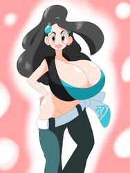 1girls alternate_breast_size alternate_hairstyle big_breasts black_hair blush breasts brown_eyes candice_(pokemon) cleavage clothed clothed_female collarbone cosplay eyelashes female female_only huge_breasts human jeans long_hair looking_at_viewer midriff nintendo nuruudon open_mouth pale-skinned_female pale_skin pants pokemon pokemon_dppt pokemon_oras pokemon_rse ponytail sleeveless sleeveless_shirt smile solo solo_female standing top_heavy voluptuous wide_hips