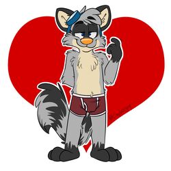 3_toes 4_fingers balls_bulge balls_under_clothes black_fur black_tail bottomwear boxer_briefs boxers boxers_(clothing) briefs bulge chest_tuft dark_fur ears_up eyebrows fur furry gay goggles goggles_on_head goggles_on_headwear grey_body grey_fur grey_tail hair hair_tuft half-closed_eyes half-dressed heart heart_background looking_at_viewer male male_only multicolored_body multicolored_fur narrowed_eyes orange_nose partially_clothed partially_nude paws penis_bulge penis_under_clothes raccoon red_bottomwear ringo_raccoon seductive seductive_eyes seductive_look seductive_smile shirtless solo solo_male tail_tuft tinydeerguy toes topless underwear valentine's_day white_background