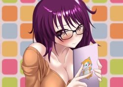 1girls background bangs bare_shoulders big_breasts blush bones_(studio) breasts canine cleavage embarrassed female female_only glasses godzilla_(series) godzilla_singular_point holding holding_tablet ipad looking_at_viewer mei_kamino messy no_bra orange_(studio) pelops_ii purple_hair revealing revealing_breasts revealing_clothes shiny_hair short_hair solo solo_focus table toho toho_(film_company)