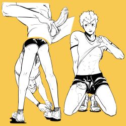 ass bent_over big_penis blush censored cum erection fingerjob hand_on_penis heart_censor large_penis male male_focus masturbation naked nipples persona persona_5 precum pubic_hair ryuji_sakamoto shirt_lift showing_ass sneakers sweatdrop wardrobe_malfunction working_out workout_clothes yaoi