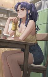 1girls alcohol beer belt blush breasts brown_eyes can chair cleavage clothed clothes clothing cup_ramen denim_shorts female_focus female_only female_solo kitchen large_breasts looking_at_viewer microwave milf misato_katsuragi neon_genesis_evangelion older_female pinup ponytail purple_hair short_shorts shorts sitting smile smiling solo solo_female solo_focus table tank_top tied_hair topwear yohan1754