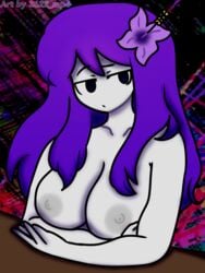 1girls 3622_mp4 areolae big_breasts eyebrows_visible_through_hair female female_only flower_in_hair flower_on_head jvne_(sewerslvt) jvnko(sewerslvt) long_hair looking_at_viewer music_(culture) neon_lights nipples nude purple_eyes purple_hair sewerslvt solo solo_female watermark white_skin