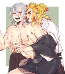 2boys blonde_hair breast_grab breast_squeeze demon_slayer gay grabbing_from_behind groping groping_from_behind hair_down hakama kimetsu_no_yaiba kimono kimono_down kyu_717 male male_only muscular muscular_male nail_polish nipple_pinch nipple_tweak no_eyebrows obi open_kimono pec_grab pec_grasp pec_squeeze red_eyes rengoku_kyoujurou silver_hair sweat two_tone_hair uzui_tengen yaoi