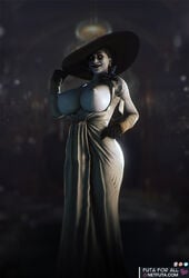 3d alcina_dimitrescu areolae big_breasts black_hair breasts breasts_out dress dress_pull female gloves glowing_eyes hand_on_hip hat hips large_breasts large_hat large_hips long_nipples looking_at_viewer makeup netfuta nipples partially_clothed pinup pose red_lipstick render resident_evil resident_evil_8:_village smile source_filmmaker vampire white_dress white_skin