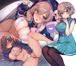 :d aqua_bow aqua_eyes bar_censor bare_legs barefoot bikini bikini_aside black_legwear blanket blue_dress blush bow breasts brown_hair censored cleavage collarbone controller dress feet_out_of_frame female female_pubic_hair frilled_bikini frills game_controller hair_ornament hairbow hairclip highres invisible_chair large_breasts long_hair long_sleeves looking_at_viewer lying mankai_kaika micro_bikini multiple_views navel nijisanji nipple_slip nipples nose_blush on_side open_mouth pantyhose pink_bow print_sweater pubic_hair purple_bow purple_sweater pussy short_hair sitting sleeveless sleeveless_dress smile space_print spread_legs starry_sky_print suzuhara_lulu sweater swimsuit twintails under_covers virtual_youtuber white_bikini x_hair_ornament