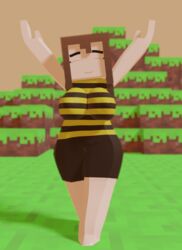 1girls 3d bee_costume big_breasts block brown_hair closed_eyes dirt full_body grass hair human long_hair minecraft minecrafttuna orange_sky original_character pinup posing sky striped_clothing thick_eyebrows thick_thighs white_skin wide_hips