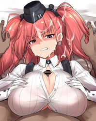 1boy atlanta_(kantai_collection) bangs bar_censor black_headwear blush breasts brown_hair buttons censored collared_shirt cum cum_on_hair dark-skinned_male dark_skin earrings eyebrows_visible_through_hair facial female garrison_cap gloves grey_eyes hat highres jewelry kantai_collection kokutou_nikke large_breasts long_hair long_sleeves open_mouth paizuri penis shirt single_earring solo_focus star_(symbol) star_earrings two_side_up white_gloves white_shirt