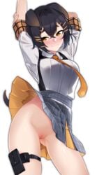 absurdres animal_ears arknights arms_up black_hair blush breasts brown_eyes commentary cowboy_shot female grey_skirt head_tilt highres jackie_(arknights) looking_at_viewer medium_breasts miniskirt necktie no_panties pouch pussy shirt short_hair short_sleeves simple_background skirt smile solo standing thigh_strap thighs uncensored white_background white_shirt yellow_neckwear z.taiga