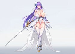 breasts cleavage detached_sleeves female flower garter_straps habit high_heels highres huge_breasts kcccc lance leotard original polearm purple_eyes purple_hair solo standing tachi-e thighhighs weapon