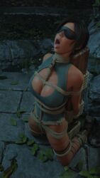 1female 1girls 3d bodysuit bondage brown_hair cleavage female female_only fingerless_gloves fit_female gifdoozer hourglass_figure inviting_to_oral inviting_to_sex lara_croft lara_croft_(survivor) large_breasts light-skinned_female long_hair no_sunglasses nose_piercing open_mouth piercing ponytail ready_to_fuck rope rope_between_breasts rope_bondage rope_harness secretly_loves_it solo submissive_female tagme tomb_raider tongue_out