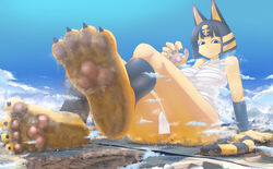 2020 4_toes absurd_res animal_crossing ankha anthro anus city claws destruction domestic_cat feet felid feline felis female foot_focus fur giantess headdress hi_res larger_female macro mammal nintendo ochiko_terada pawpads sitting size_difference solo toe_claws toes video_games yellow_body yellow_fur