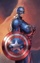 1girls abs big_breasts blonde_hair blue_eyes breasts busty captain_america captain_america's_shield captain_america_(series) erect_nipples erect_nipples_under_clothes female female_only genderswap_(mtf) human human_only large_breasts long_hair marvel meme muscle muscles muscular muscular_female parody reference rule_63 solo solo_female steve_rogers superheroine tagme wassnonnam