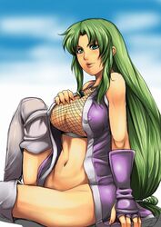 breasts cleavage fishnets ganbare_goemon green_eyes green_hair long_hair midriff navel ninja yae_(ganbare_goemon)