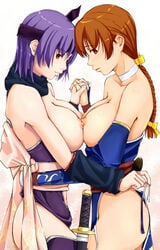 ayane_(doa) braid breast_press breasts brown_eyes brown_hair dead_or_alive female female_only hawoku_ishibare human human_only incest kasumi_(doa) katana large_breasts long_hair multiple_females multiple_girls ninja_gaiden nipples nipples_touching puffy_nipples purple_hair red_eyes short_hair siblings sisters symmetrical_docking yuri