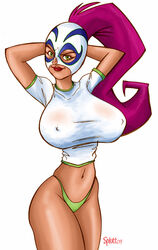 arms_behind_head big_breasts brown_skin buena_girl female female_only green_eyes huge_breasts latina long_hair mascara mucha_lucha ponytail purple_hair solo tagme wrestler wrestling